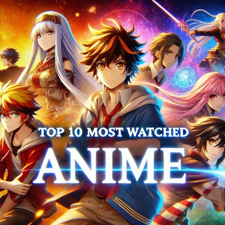 A vibrant anime-style thumbnail featuring a collage of popular anime characters in dynamic poses, with bold text overlay saying 'Top 10 Most Watched Anime'. The background is colorful and cinematic, making it eye-catching for SEO and audience engagement.