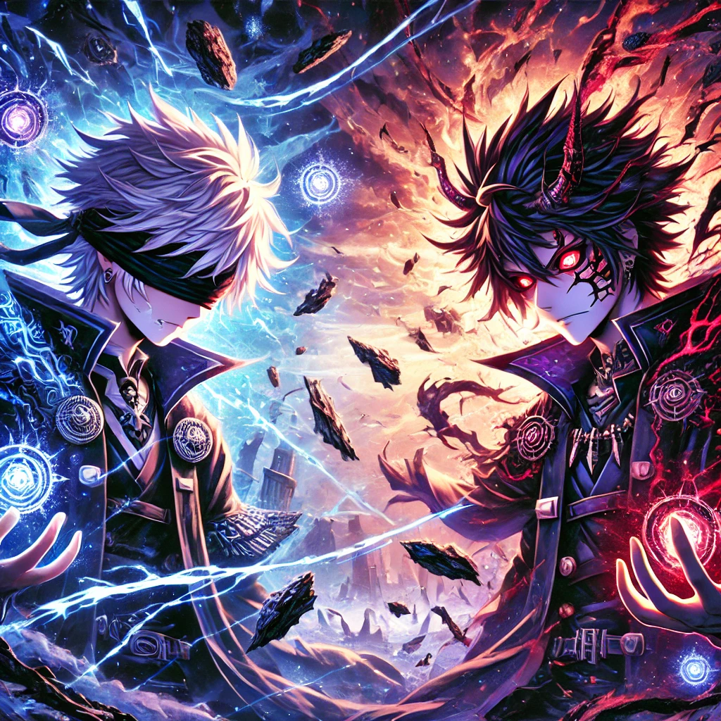 Best Anime Releases Anime-style fan art of an intense battle between two powerful sorcerers. One sorcerer with spiky white hair, wearing a blindfold, is surrounded by blue and purple cursed energy. The other sorcerer has spiky black hair, glowing red eyes, and dark cursed markings, surrounded by fiery red and black flames. The background shows a shattered battlefield with floating debris and energy cracks. Dramatic and chaotic atmosphere.