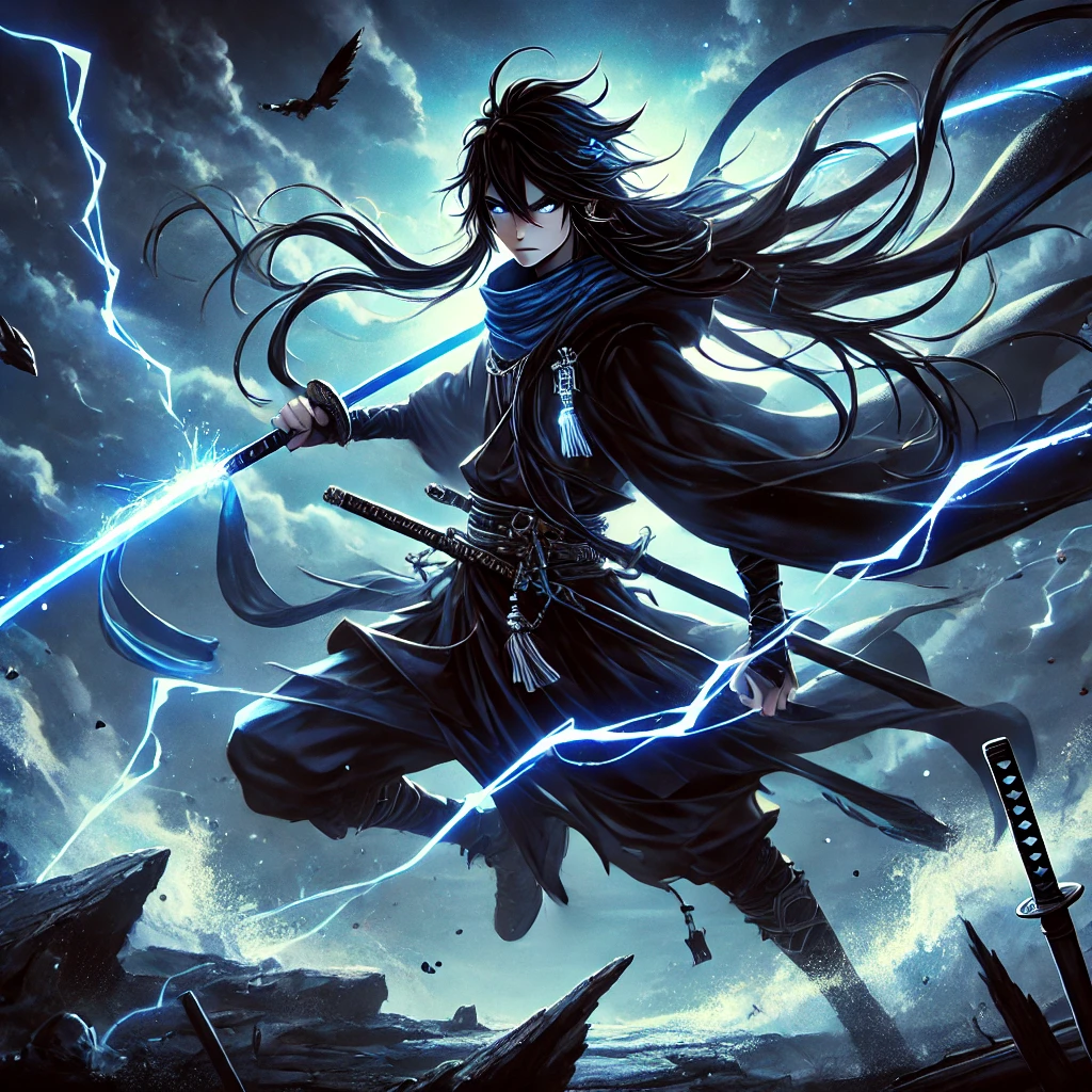 Best Anime Releases Anime-style fan art of a fierce warrior with long flowing black hair, wearing a dark cloak. The warrior holds a glowing blue sword, standing on a rocky cliff with a stormy sky and crackling lightning.