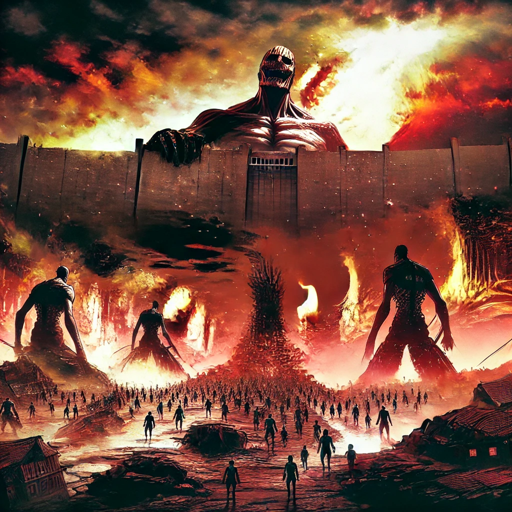 Best Anime Releases Anime-style fan art depicting The Rumbling from Attack on Titan, with thousands of colossal titans marching forward, crushing cities. The ground is cracked and burning, with smoke and flames rising into a dark, reddish sky. Chaotic and apocalyptic atmosphere.