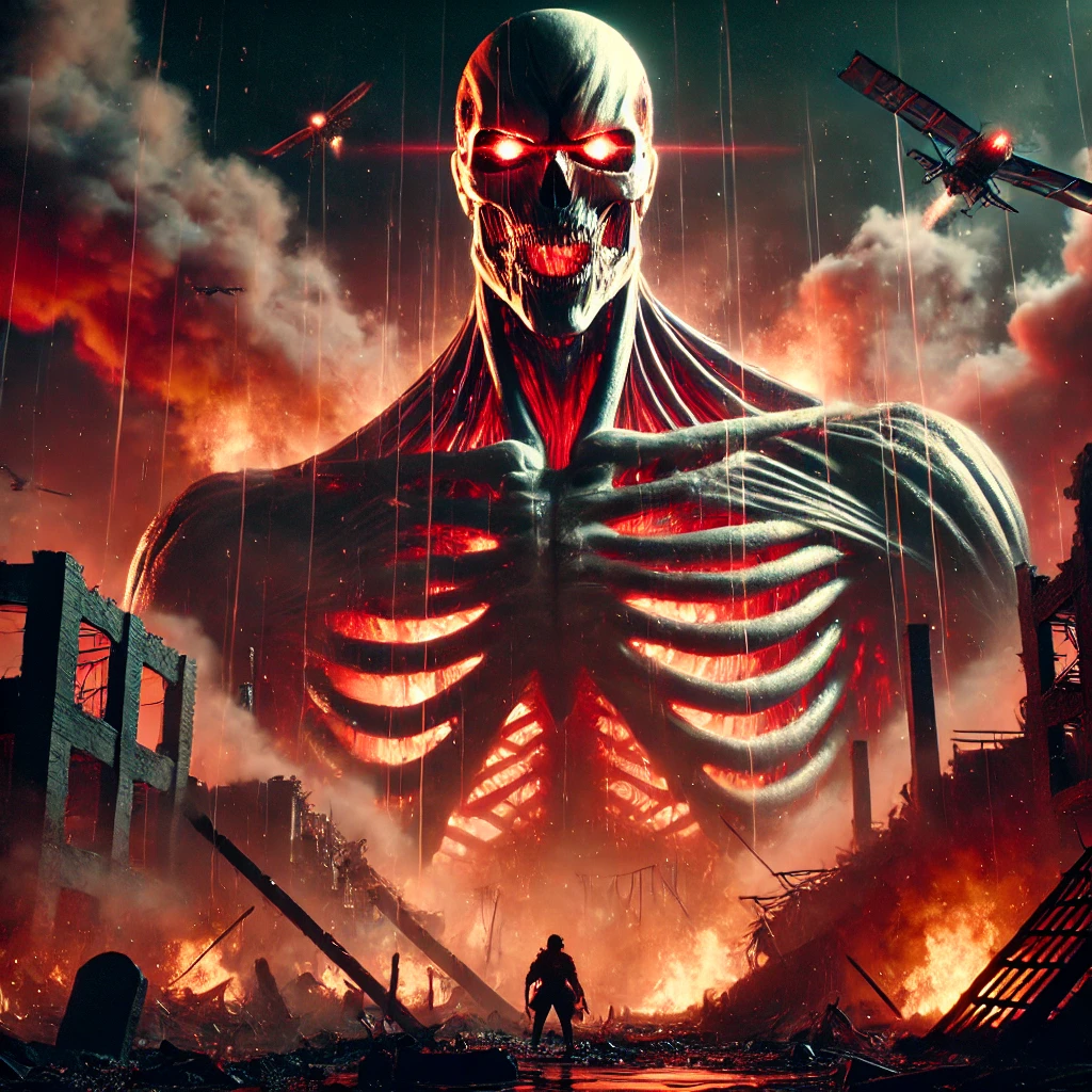 Best Anime Releases Anime-style fan art depicting the Founding Titan from Attack on Titan. A colossal skeletal titan with an elongated ribcage and glowing eyes towers over a ruined battlefield with smoke, debris, and fire. The sky is dark with red and black hues, creating a menacing and apocalyptic atmosphere.
