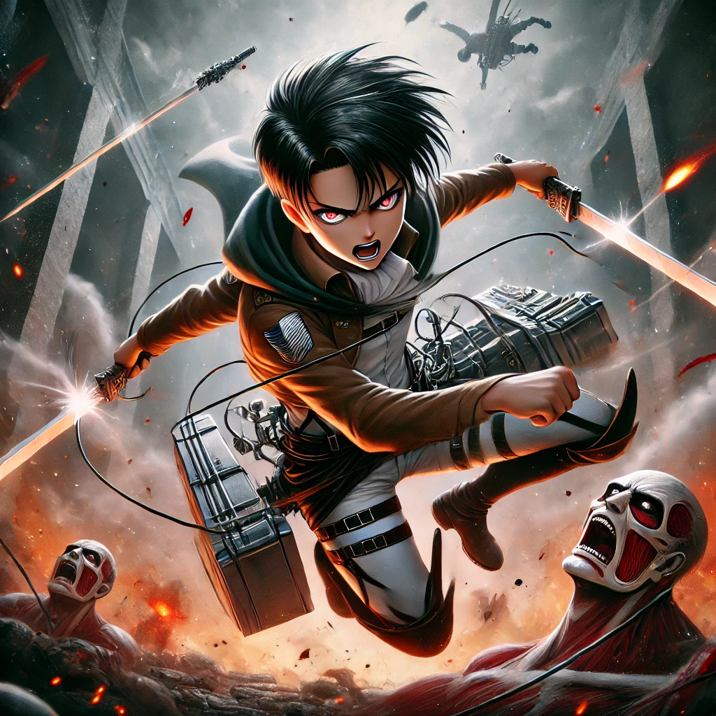 Best Anime Releases Anime-style fan art depicting a fierce warrior inspired by Levi Ackerman from Attack on Titan. The character is mid-air, wielding twin blades, slashing through enemies with a trail of blood and debris. The background shows a chaotic battlefield with smoke, fire, and fallen titans, creating a gritty and intense atmosphere.