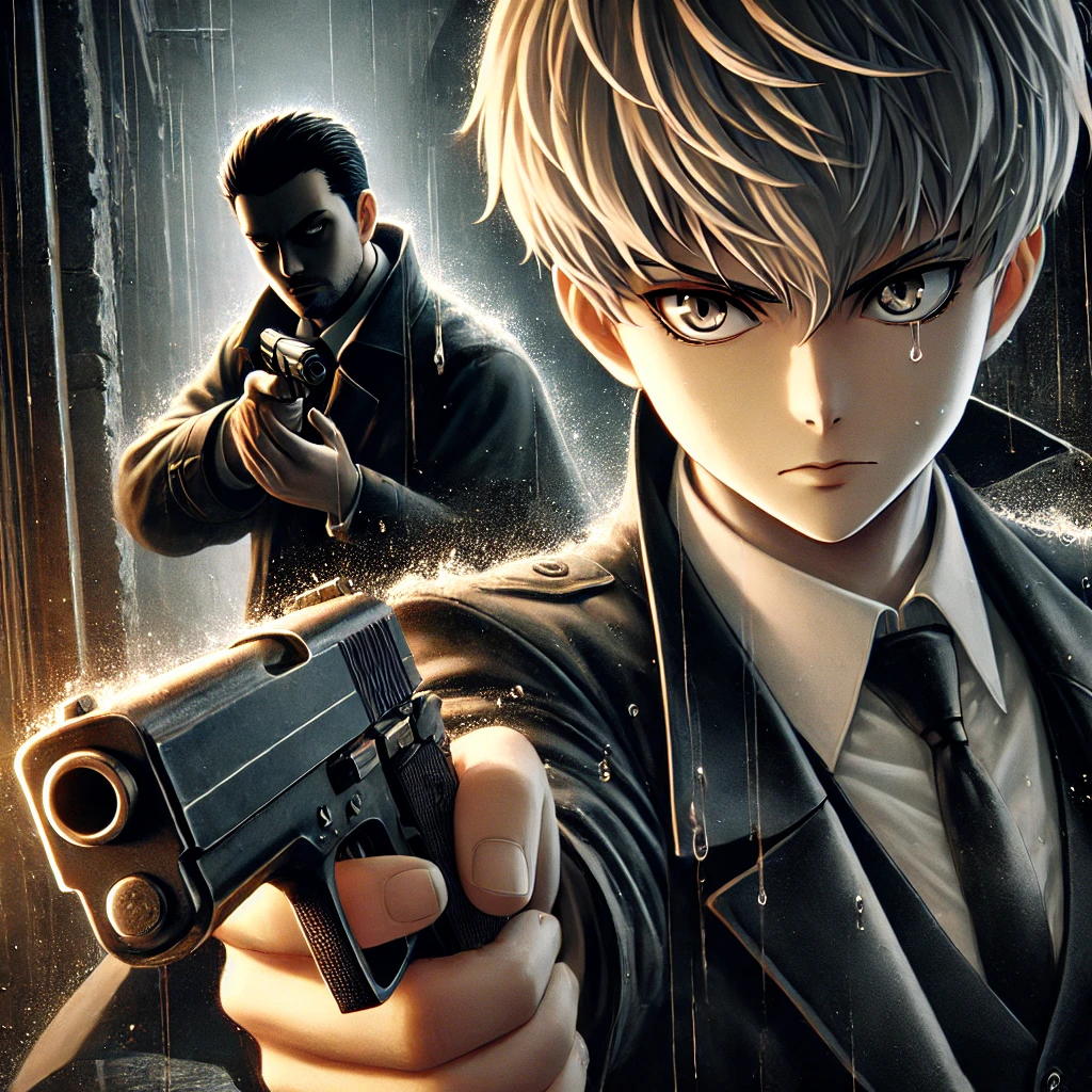Best Anime Releases-style fan art depicting Loid Forger from Spy x Family Season 3 in a tense battle against a new enemy spy. Loid is wearing a sleek black suit, holding a silenced pistol with a sharp, focused expression. The enemy is a mysterious figure in a dark trench coat, aiming a gun with a menacing glare. The scene takes place in a dimly lit alley with rain falling, creating a gritty and intense atmosphere