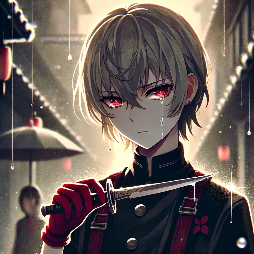 Best Anime Releases Anime-style fan art featuring Yor Forger from Spy x Family Season 3 in a dramatic and emotional pose. Yor is wearing her assassin outfit with a sleek black dress and red gloves, holding a sharp dagger. Her eyes are filled with sadness and determination. The background depicts a dimly lit alley with rain falling, creating a melancholic atmosphere. Soft lighting highlights the emotional tension, with raindrops and shadows adding depth to the scene.
