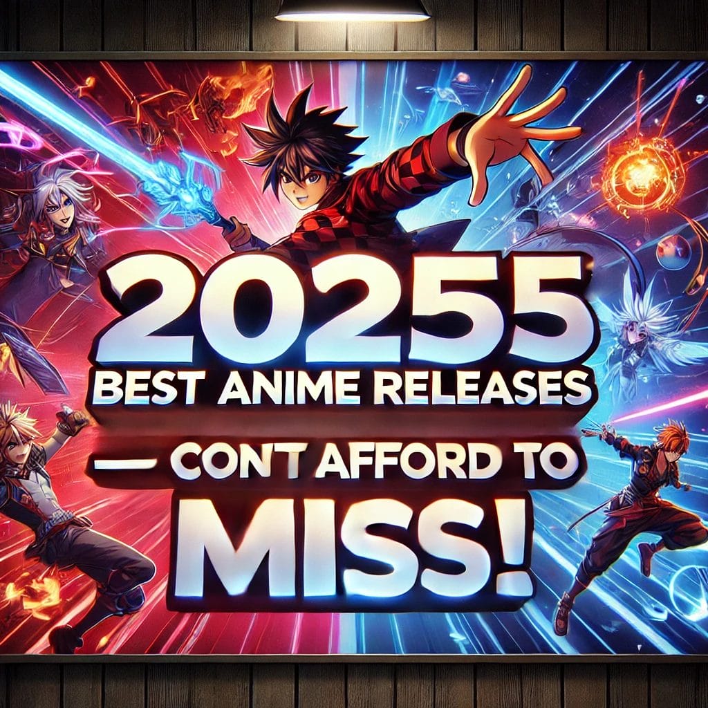 A stylish anime-themed poster featuring the text '2025’s Best Anime Releases – You Can’t Afford to Miss!' in bold, eye-catching typography. The background showcases iconic anime elements like glowing swords, magical auras, and dynamic action poses. The poster uses vibrant red, blue, and purple hues with a modern, clickable design. Perfect for promoting upcoming anime in 2025. (Keywords: Best Anime Releases, 2025 Anime, Upcoming Anime)