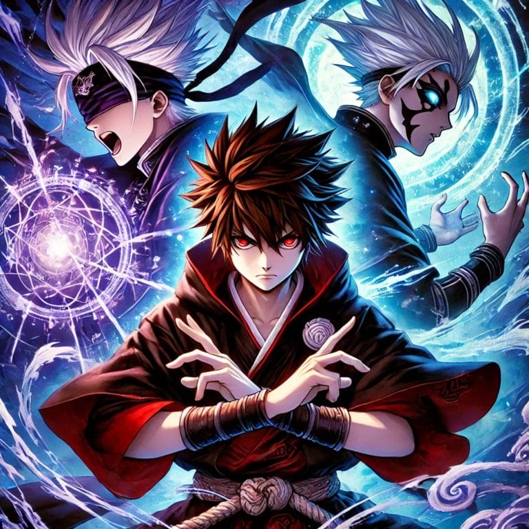 A powerful trio of warriors in an anime-style battle stance, featuring a young fighter with spiky brown hair, a white-haired sorcerer with a blindfold, and a dark, cursed entity with glowing red markings, surrounded by mystical energy.