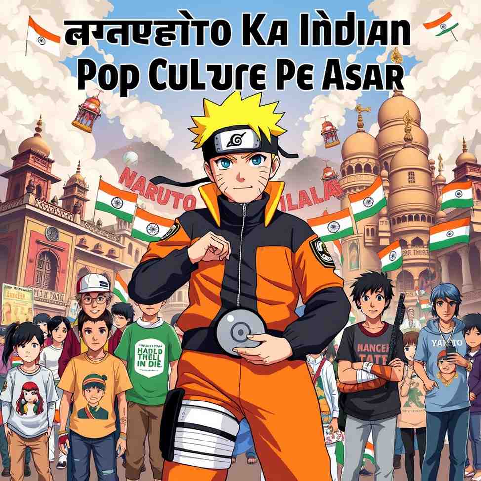 Naruto Uzumaki surrounded by Indian cultural elements, showing the anime’s influence on Indian pop culture with "Naruto Ka Indian Pop Culture Pe Asar" in Hindi text
