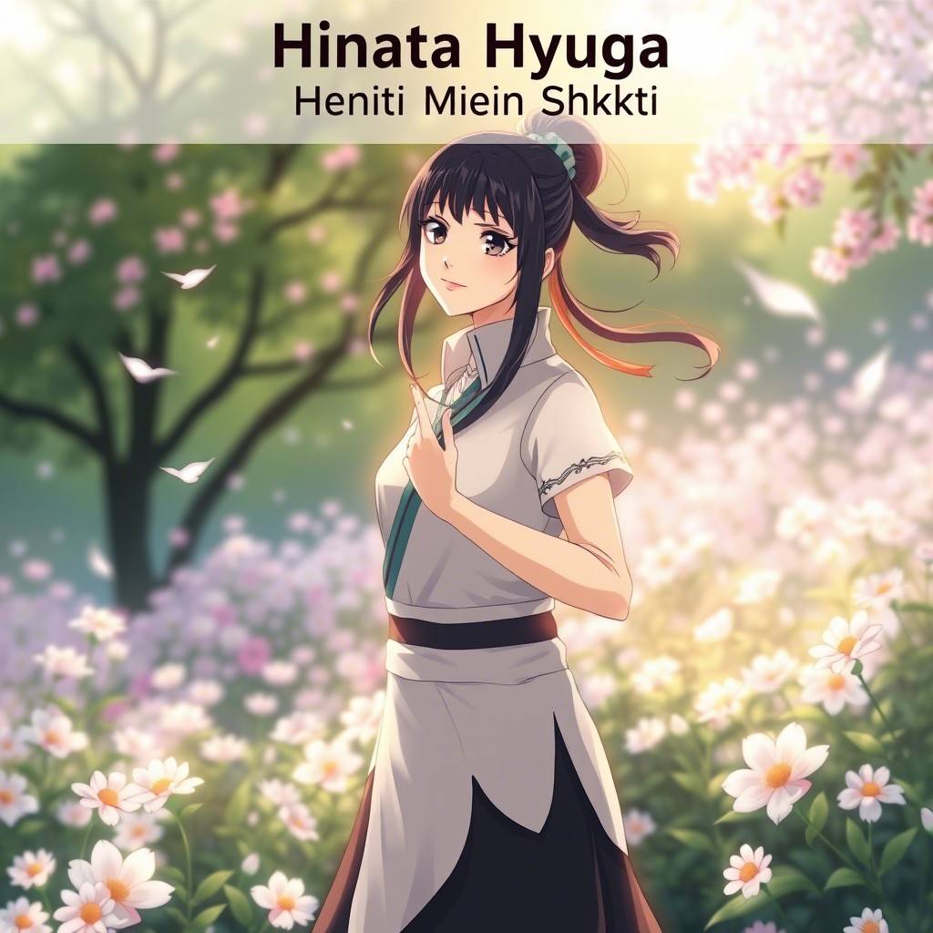 Hinata Hyuga standing in a peaceful garden with Byakugan chakra aura, representing "Shanti Mein Shakti" in Hindi text