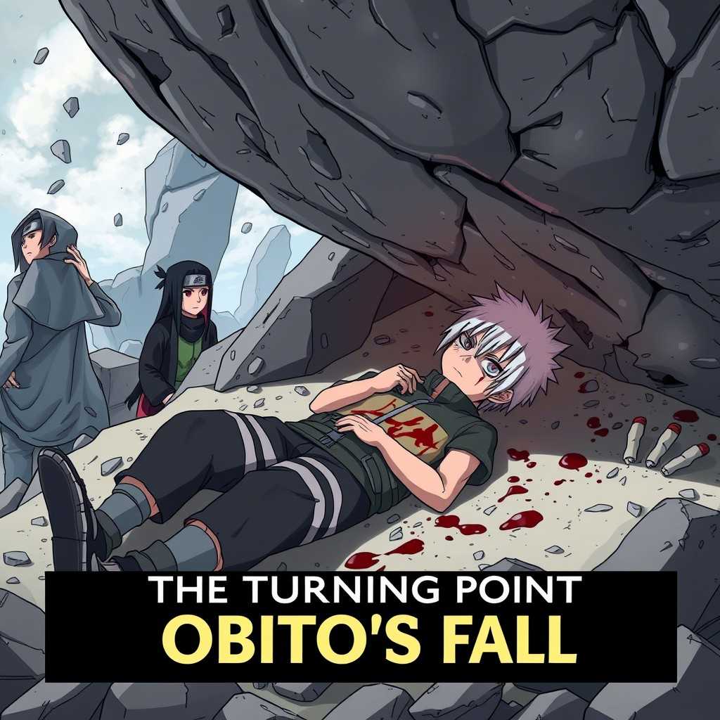 Young Obito crushed under rocks giving his Sharingan to Kakashi in a tragic anime scene.