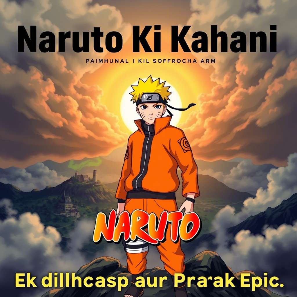 Naruto standing on a mountain peak with Hidden Leaf Village behind him, showcasing his epic journey – "Naruto Ki Kahani" Hindi text