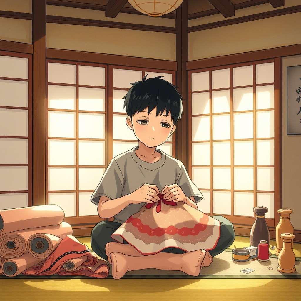 Anime boy Wakana Gojo sewing traditional hina doll clothes in a calm, peaceful setting