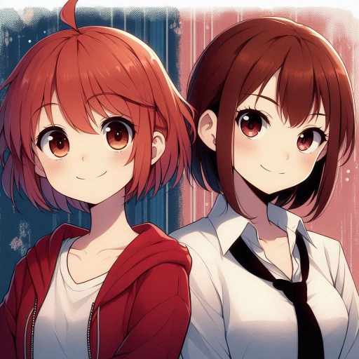 A heartwarming anime-style illustration featuring Misuzu Gundo and Tomo Aizawa from Tomo-chan Is a Girl!. Tomo, the energetic tomboy with short red hair, stands confidently with a cheerful expression, while Misuzu, with her sharp and cool demeanor, smirks subtly. Their contrasting personalities—Tomo’s lively and impulsive nature and Misuzu’s calm and calculating attitude—are beautifully reflected in their body language. The background blends deep blue and warm red tones, symbolizing their unique yet unbreakable friendship. Tomo-Chan Is A Girl