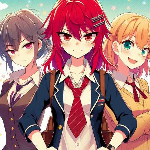 A vibrant anime-style illustration featuring Tomo Aizawa, Misuzu Gundo, and Carol Olston from Tomo-chan Is a Girl!. Tomo, the energetic tomboy with short red hair, stands confidently in the center. Misuzu, with her sharp and witty expression, smirks on the left, while Carol, the cheerful and bubbly blonde, smiles playfully on the right. The pastel-colored background enhances the fun and dynamic vibe of their friendship. Tomo-Chan Is A   Girl