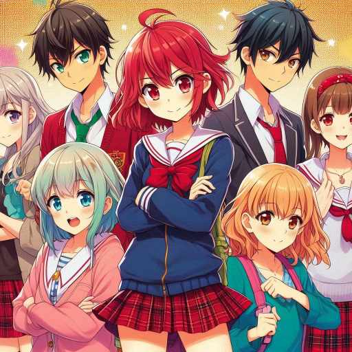 A vibrant anime-style group illustration featuring all the main characters from Tomo-chan Is a Girl!. Tomo Aizawa, the energetic tomboy with short red hair, stands confidently in the center. Junichiro Kubota, her best friend with hidden feelings, looks slightly awkward yet protective. Misuzu Gundo smirks with her sharp and witty personality, while Carol Olston, the bubbly blonde, smiles playfully. Tatsumi Tanabe, the cool and laid-back friend, stands casually in the background. The soft pastel-colored background and subtle sparkles enhance the lively and fun atmosphere of the group.