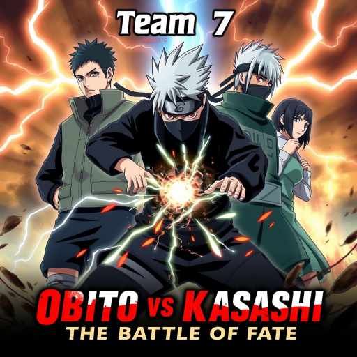 Anime-style poster of Obito vs Kakashi featuring Team Minato with Minato Namikaze, young Kakashi, Obito Uchiha, and Rin Nohara in a dramatic battle scene.
